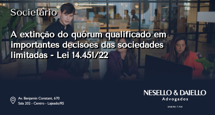 A extinção do quórum qualificado em importantes decisões das sociedades limitadas – Lei 14.451/22